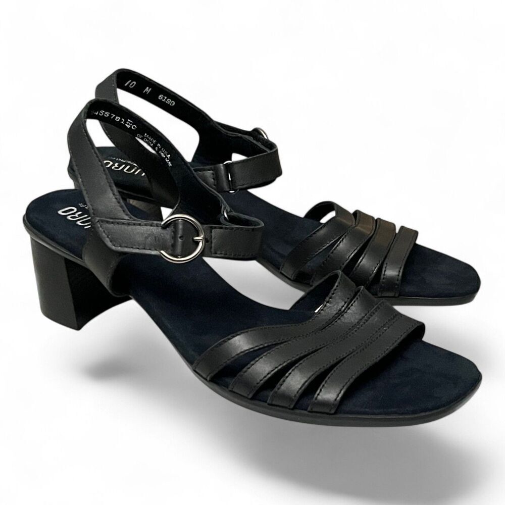 Munro Haven Black Leather Strappy Sandals Women’s Comfort Low Heel Shoes 10M
